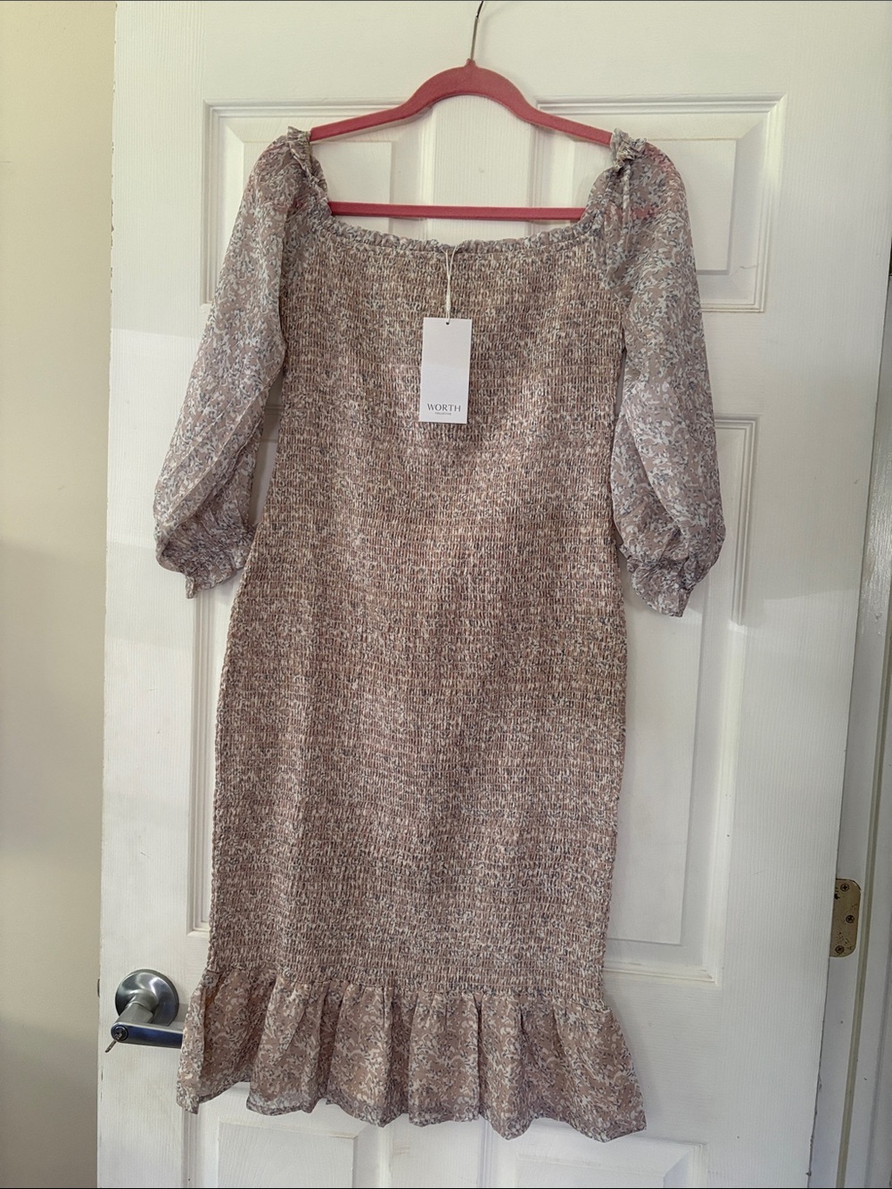 Smocked Midi Dress with Floral Puff Sleeves in Neutral Beige